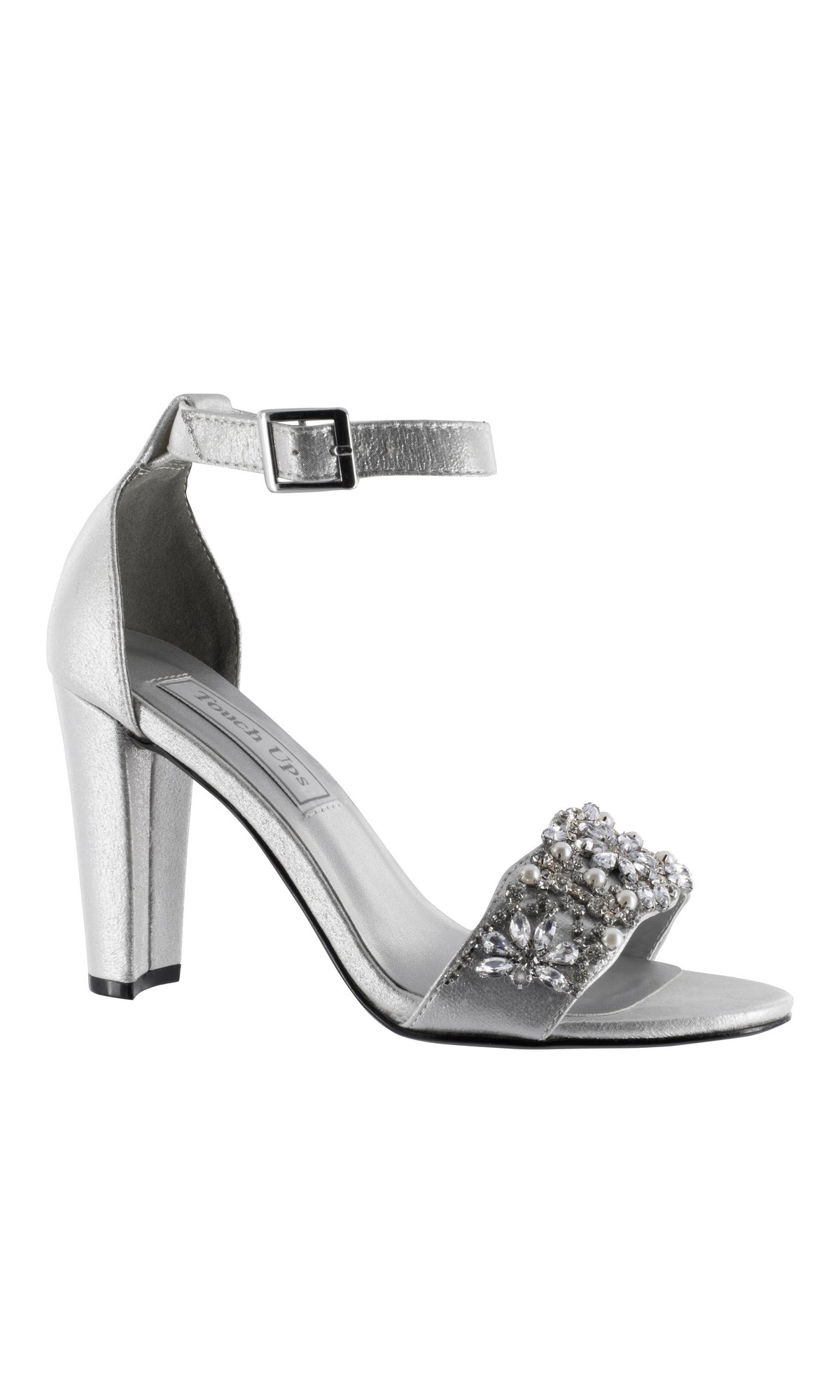 The Felicity Silver 3.25 in High Heel Prom Shoes 4294 feature an ankle strap, open toe, and jeweled front embellishments—perfect silver prom shoes for a glamorous look.